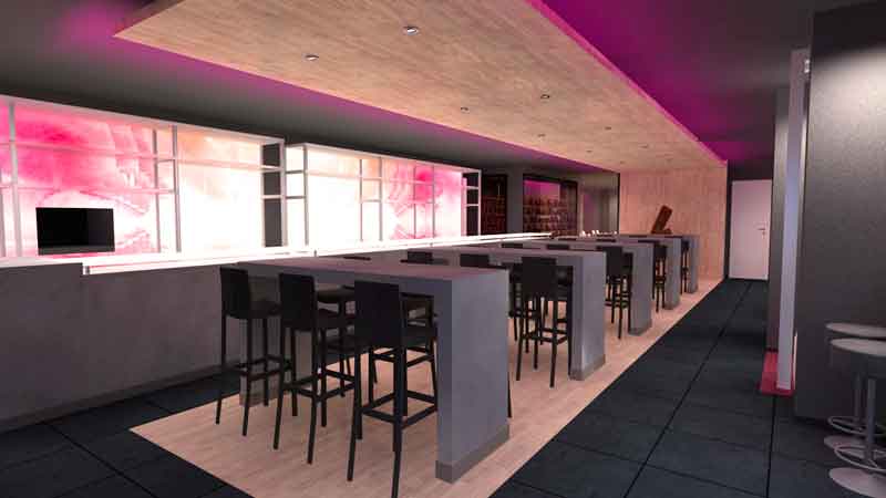 Interiorismo 3D - Hostelería - Mesas altas y barra en cerveceria restaurante A Coruña