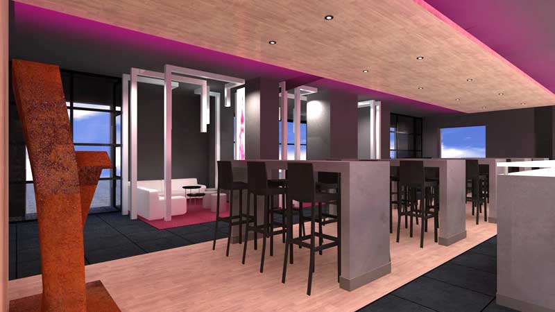Interiorismo 3D - Hostelería - Mesas altas y zona de copas en cerveceria restaurante A Coruña
