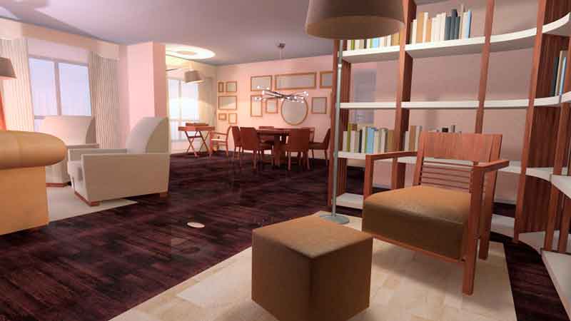 Interiorismo 3D - Salon - Sala lectura y comedor en piso A Coruña