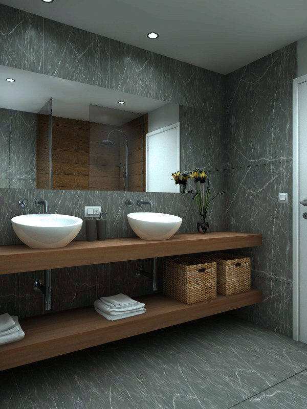 Interiorismo 3D - Baño - Infografía de la zona de lavabos en un baño con acabados en marmol oscuro A Coruña
